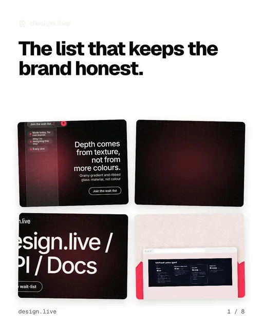 Carousel for design.live: "The list that keeps the brand honest.". Collection carousel, 8 slides, light palette.