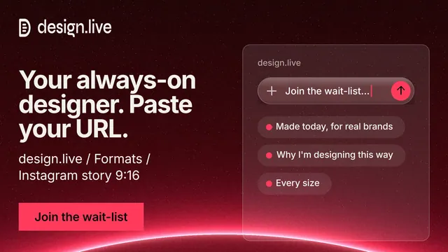 Landscape graphic for design.live: "Your always-on designer. Paste your URL." Swiss style, bottom layout, dark palette in black, red.