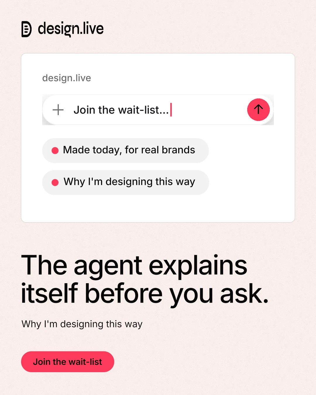 Instagram portrait post for design.live: "The agent explains itself before you ask." Data card style, bottom layout, light palette in white, red.