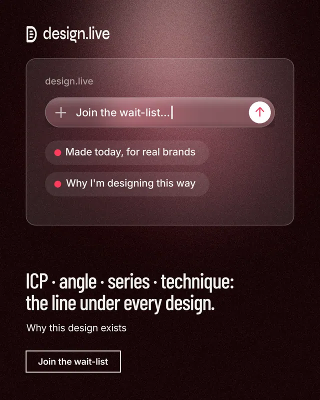 Instagram portrait post for design.live: "ICP · angle · series · technique: the line under every design." Dark deco style, bottom layout, dark palette in black, red, grey.