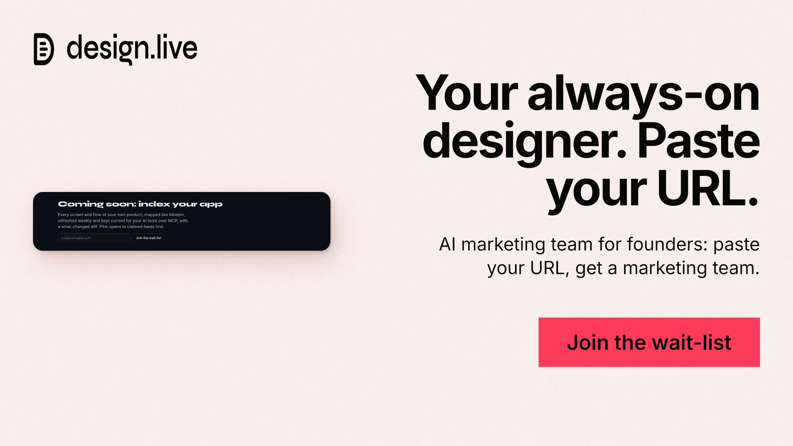 Landscape graphic for design.live: "Your always-on designer. Paste your URL." Swiss style, right layout, light palette in white, grey.