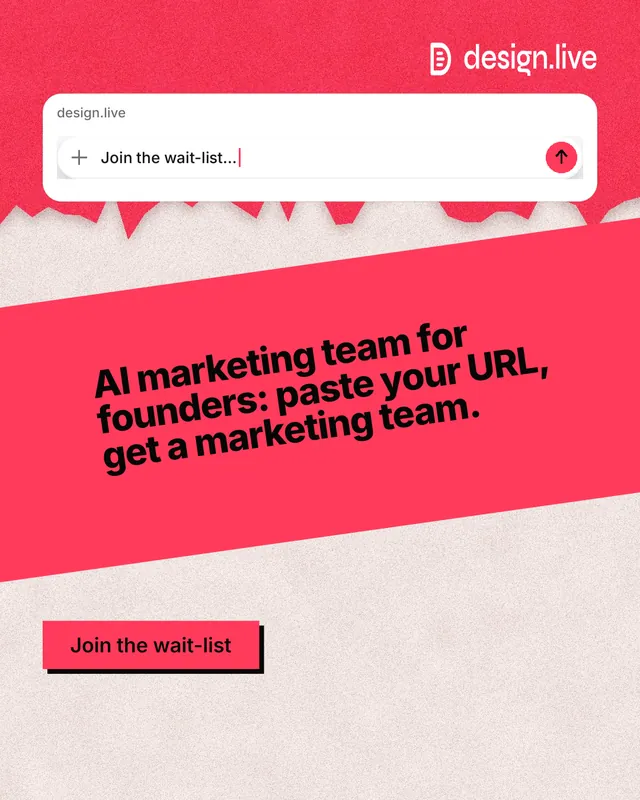Instagram portrait post for design.live: "AI marketing team for founders: paste your URL, get a marketing team." Paper trio style, diagonal layout, light palette in red, orange, white.