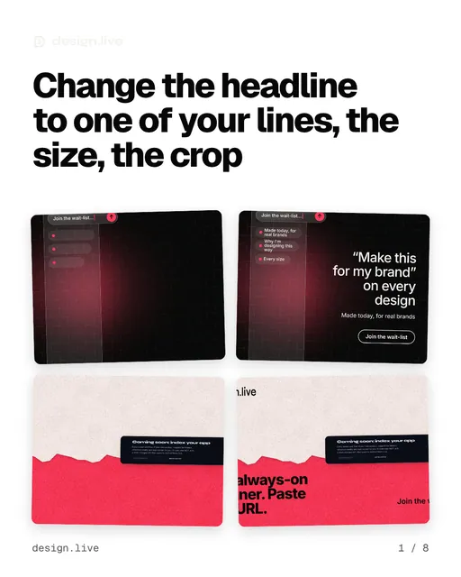 Carousel for design.live: "Change the headline to one of your lines, the size, the crop". Collection carousel, 8 slides, light palette.
