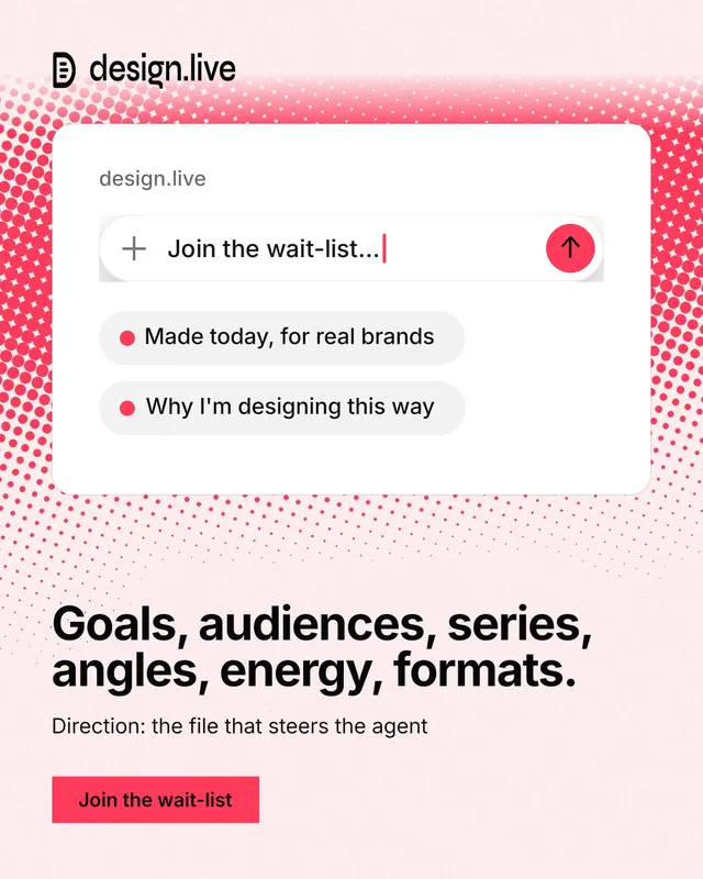 Instagram portrait post for design.live: "Goals, audiences, series, angles, energy, formats." Swiss style, bottom layout, light palette in white, red.