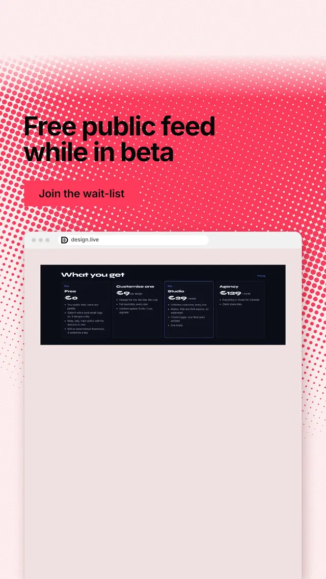 Instagram story for design.live: "Free public feed while in beta". Swiss style, browser layout, light palette in red, white.