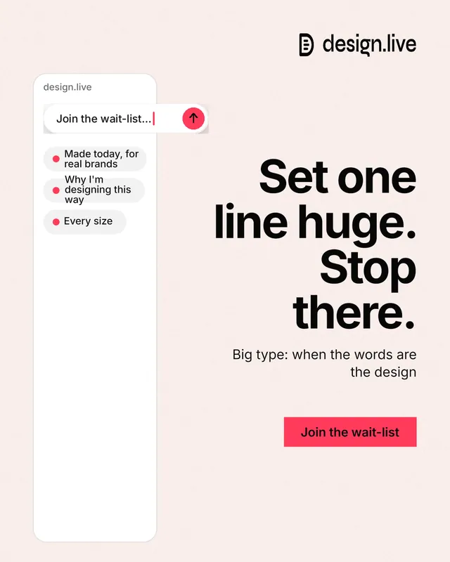Instagram portrait post for design.live: "Set one line huge. Stop there." Swiss style, right layout, light palette in white, red.