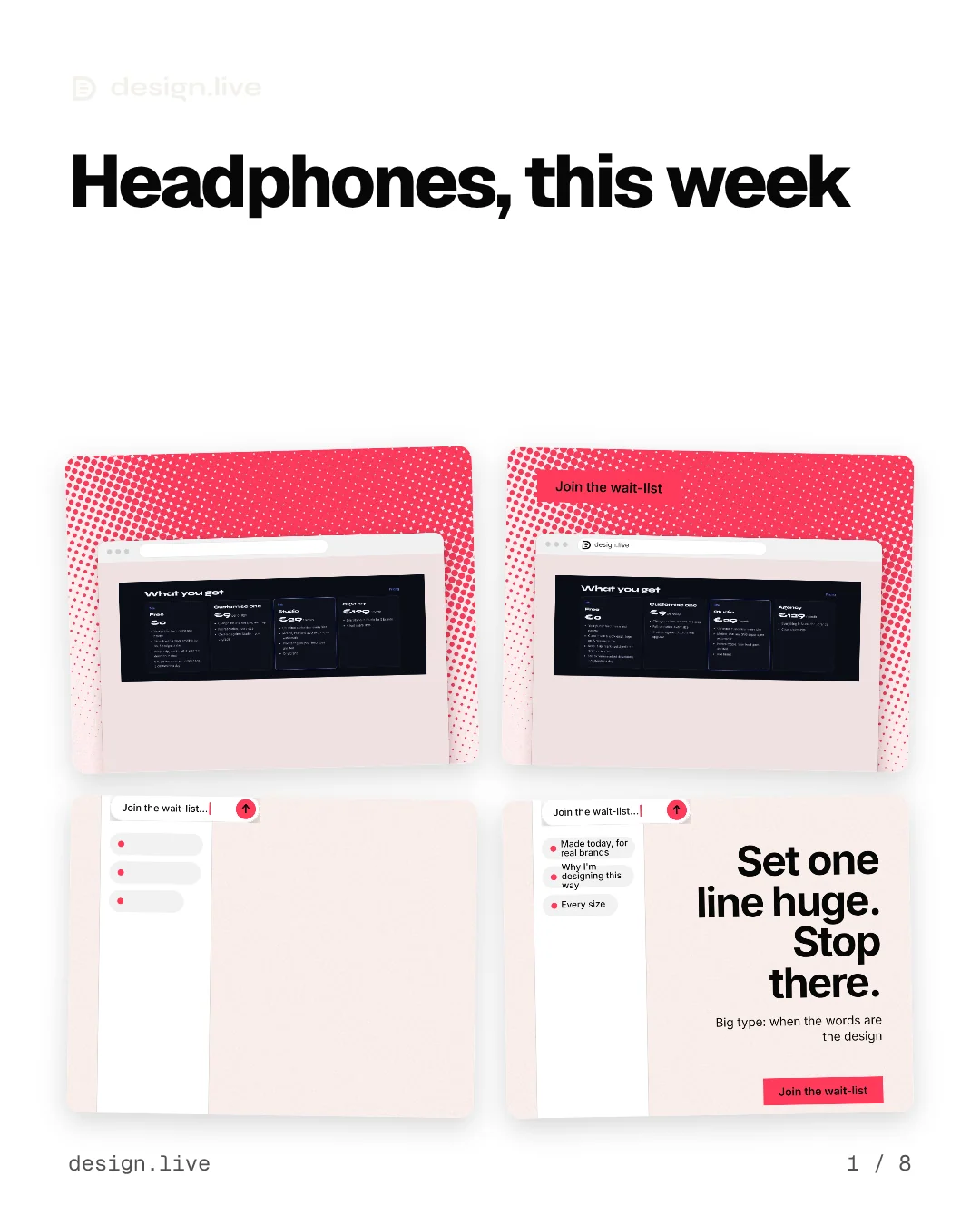Carousel for design.live: "Headphones, this week". Collection carousel, 8 slides, light palette.