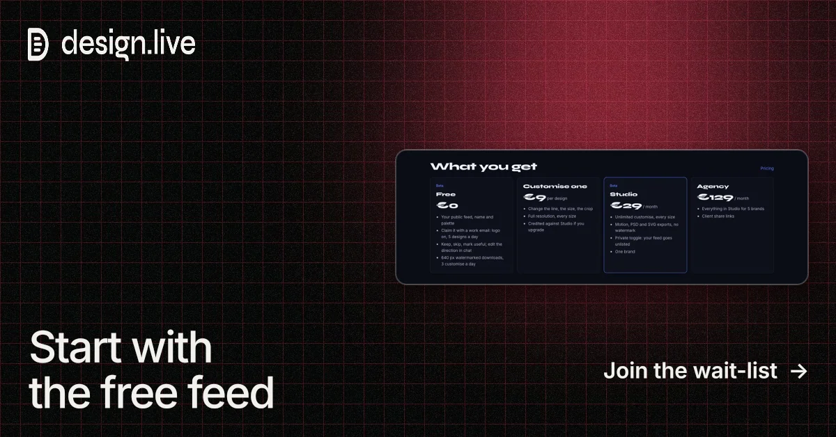 Social ad for design.live: "Start with the free feed". Phosphor atlas style, image led layout, dark palette in black, red.