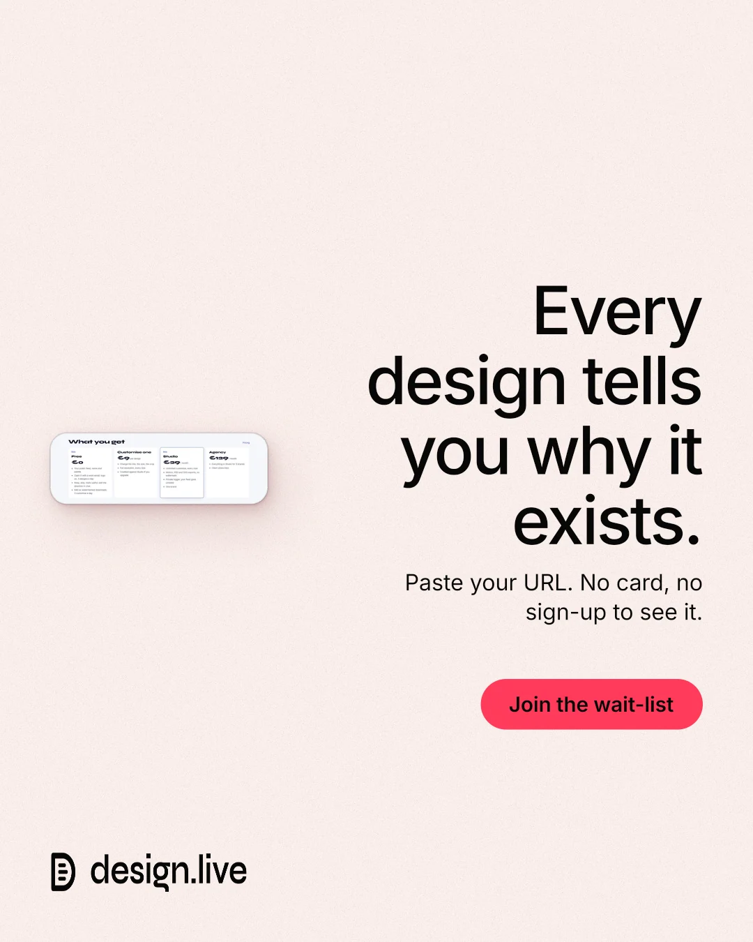 Instagram portrait post for design.live: "Every design tells you why it exists." Data card style, right layout, light palette in white, red.
