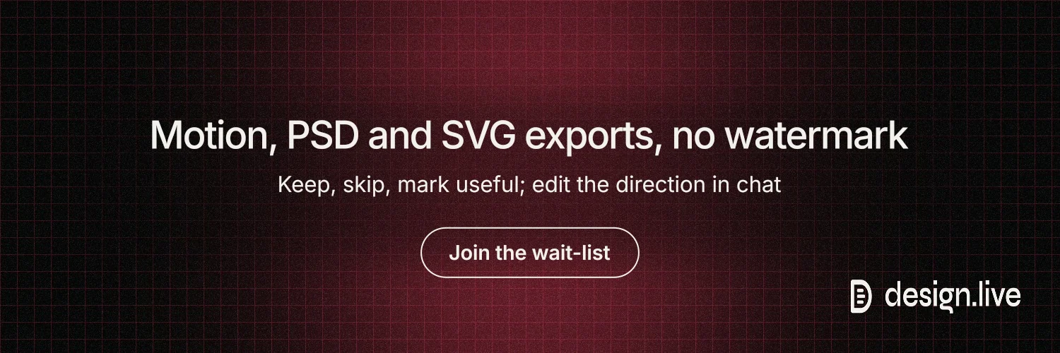 X header for design.live: "Motion, PSD and SVG exports, no watermark". Phosphor atlas style, centred layout, dark palette in black, red, grey.