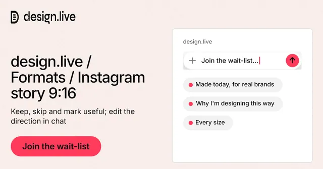 Social ad for design.live: "design.live / Formats / Instagram story 9:16". Data card style, bottom layout, light palette in white, red.