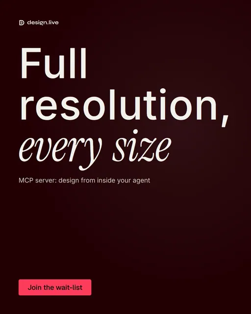 Video for design.live: "Full resolution, every size". Doc motion loop, 6.0 s, dark palette.