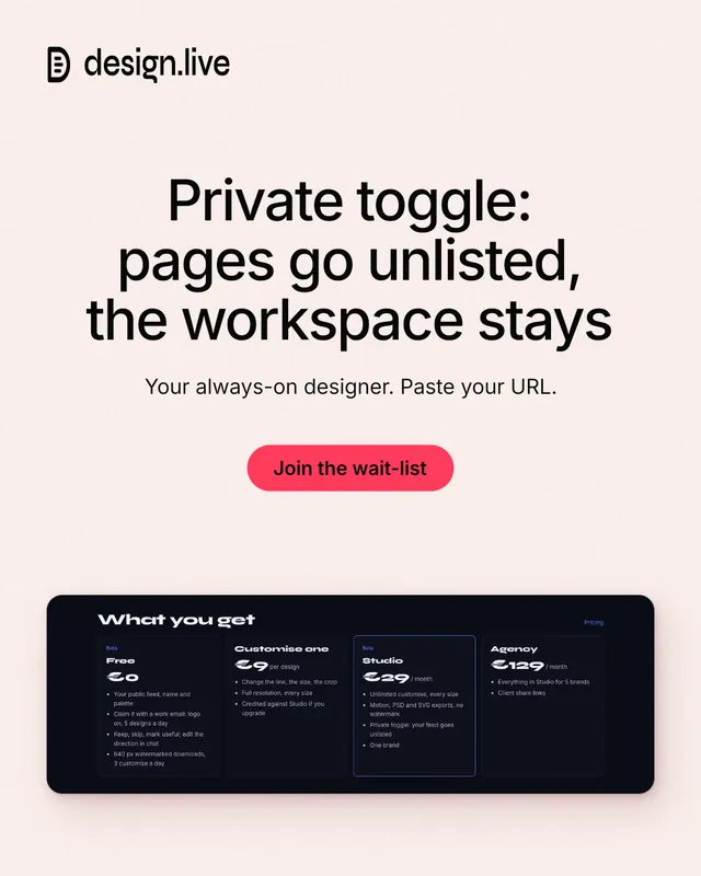 Instagram portrait post for design.live: "Private toggle: pages go unlisted, the workspace stays". Data card style, centred layout, light palette in white, black, grey.