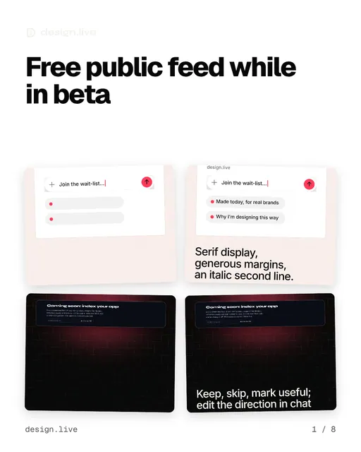 Carousel for design.live: "Free public feed while in beta". Collection carousel, 8 slides, light palette.