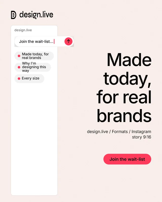 Instagram portrait post for design.live: "Made today, for real brands". Data card style, right layout, light palette in white, red.