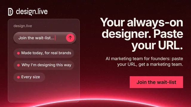 Landscape graphic for design.live: "Your always-on designer. Paste your URL." Swiss style, right layout, dark palette in black, red.