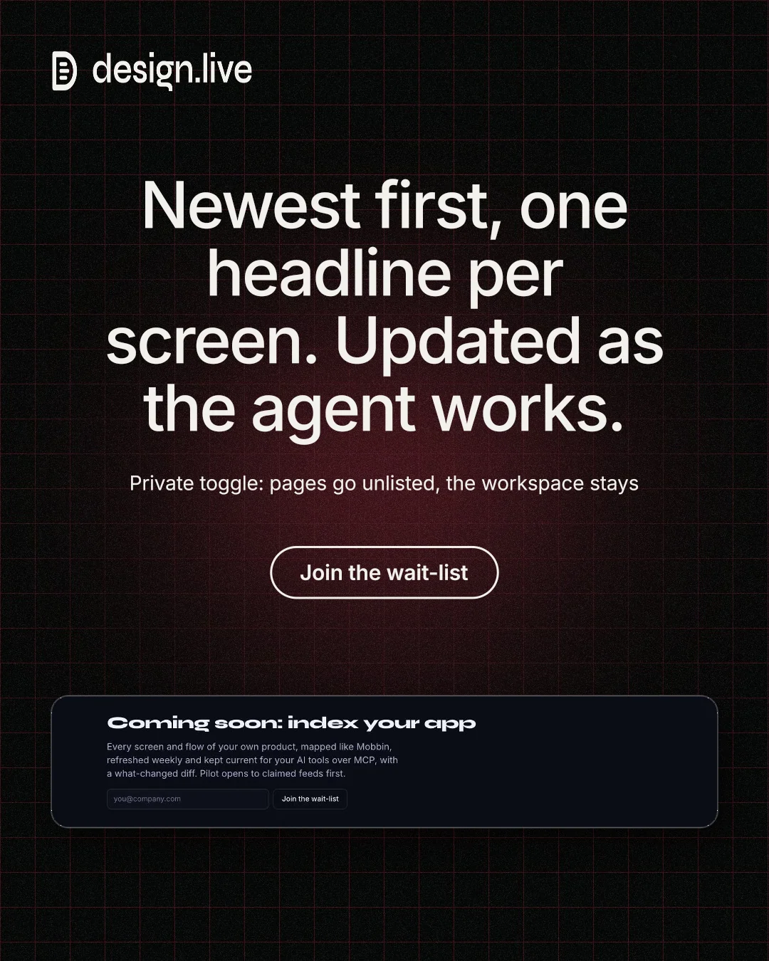 Instagram portrait post for design.live: "Newest first, one headline per screen. Updated as the agent works." Phosphor atlas style, centred layout, dark palette in black, grey.