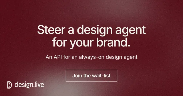 Social ad for design.live: "Steer a design agent for your brand." Cyanotype style, centred layout, dark palette in red, grey.