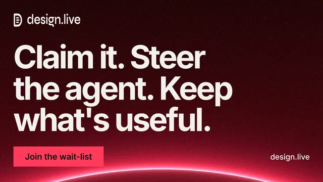 Landscape graphic for design.live: "Claim it. Steer the agent. Keep what's useful." Swiss style, poster layout, dark palette in black, red, grey.