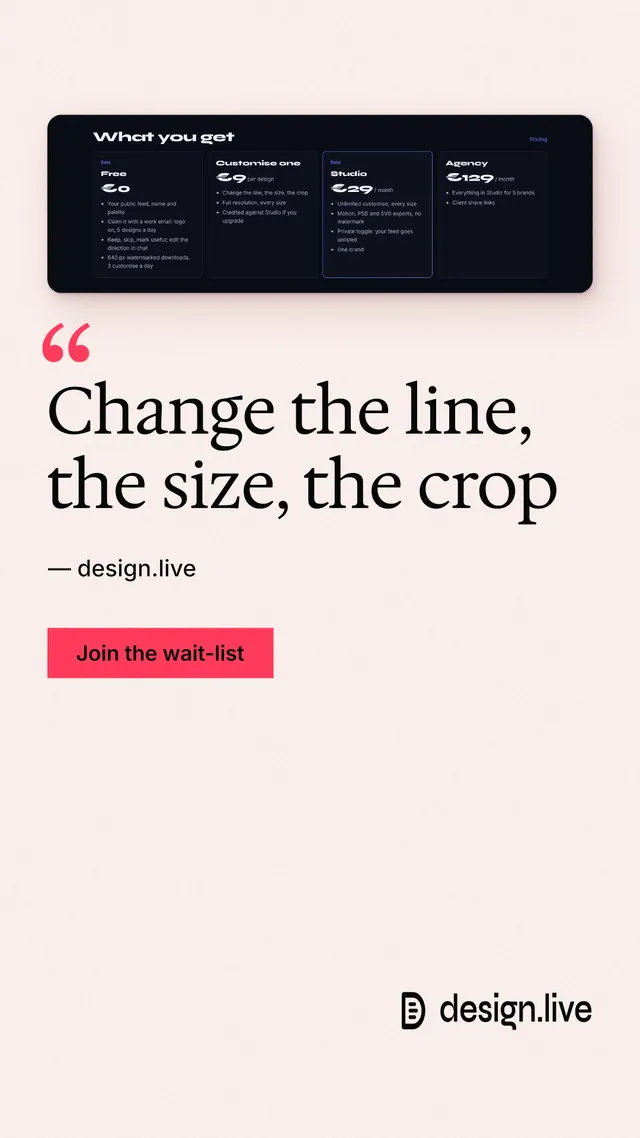 Instagram story for design.live: "Change the line, the size, the crop". Swiss style, quote layout, light palette in white, grey.