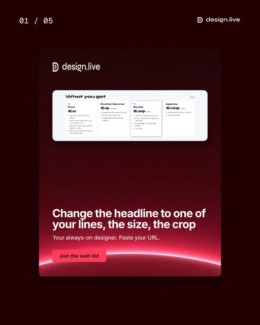 Video for design.live. Ad flipbook, 7.5 s, dark palette.