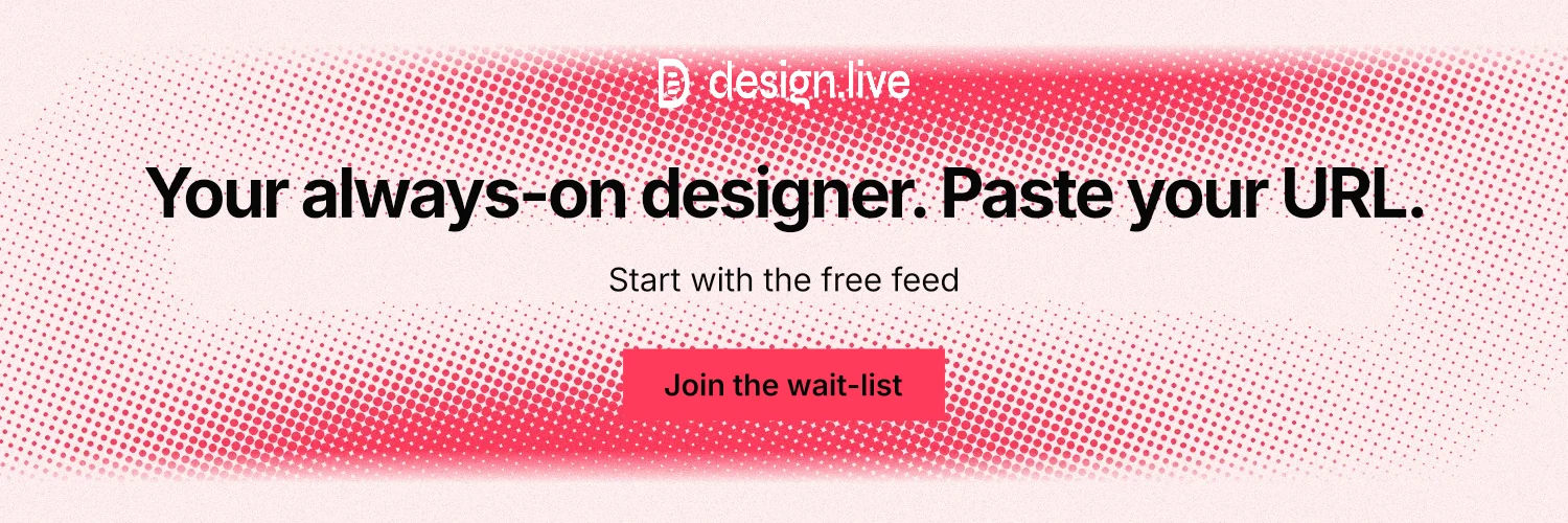 X header for design.live: "Your always-on designer. Paste your URL." Swiss style, centred layout, light palette in white, red.