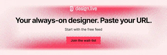 X header for design.live: "Your always-on designer. Paste your URL." Swiss style, centred layout, light palette in white, red.