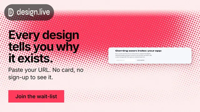 Landscape graphic for design.live: "Every design tells you why it exists." Swiss style, bottom layout, light palette in white, red.