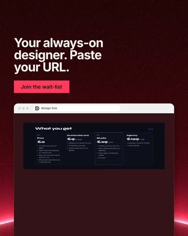 Instagram portrait post for design.live: "Your always-on designer. Paste your URL." Swiss style, browser layout, dark palette in red, black, grey.