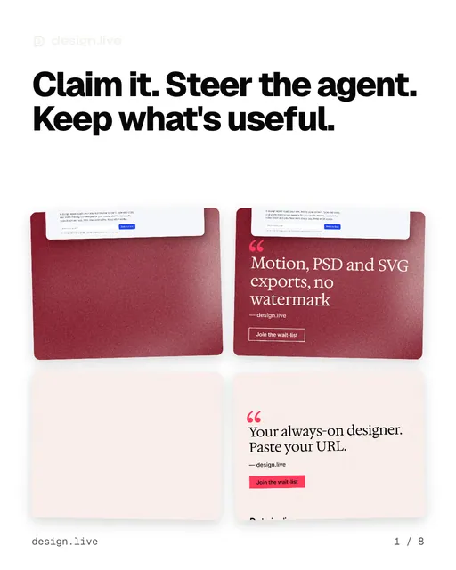 Carousel for design.live: "Claim it. Steer the agent. Keep what's useful.". Collection carousel, 8 slides, light palette.
