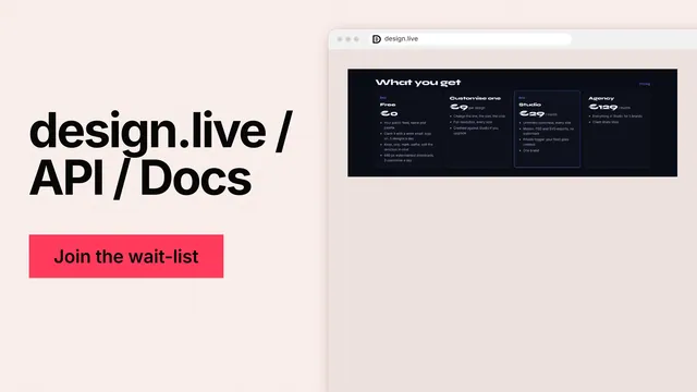 Landscape graphic for design.live: "design.live / API / Docs". Swiss style, browser layout, light palette in orange, white, grey.