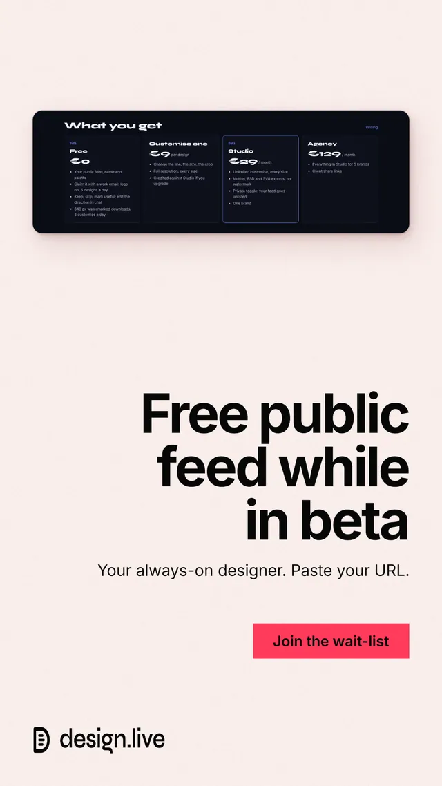 Instagram story for design.live: "Free public feed while in beta". Swiss style, right layout, light palette in white, grey, orange.
