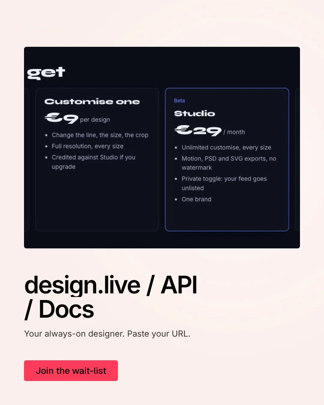 Video for design.live: "design.live / API / Docs". Doc motion loop, 7.0 s, light palette.