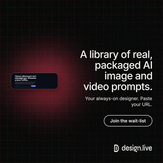 Instagram post for design.live: "A library of real, packaged AI image and video prompts." Phosphor atlas style, right layout, dark palette in black.
