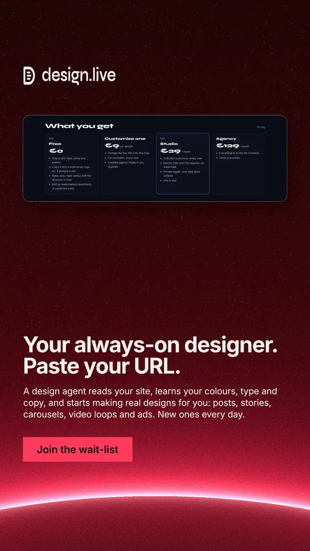Instagram story for design.live: "Your always-on designer. Paste your URL." Swiss style, bottom layout, dark palette in black, red.