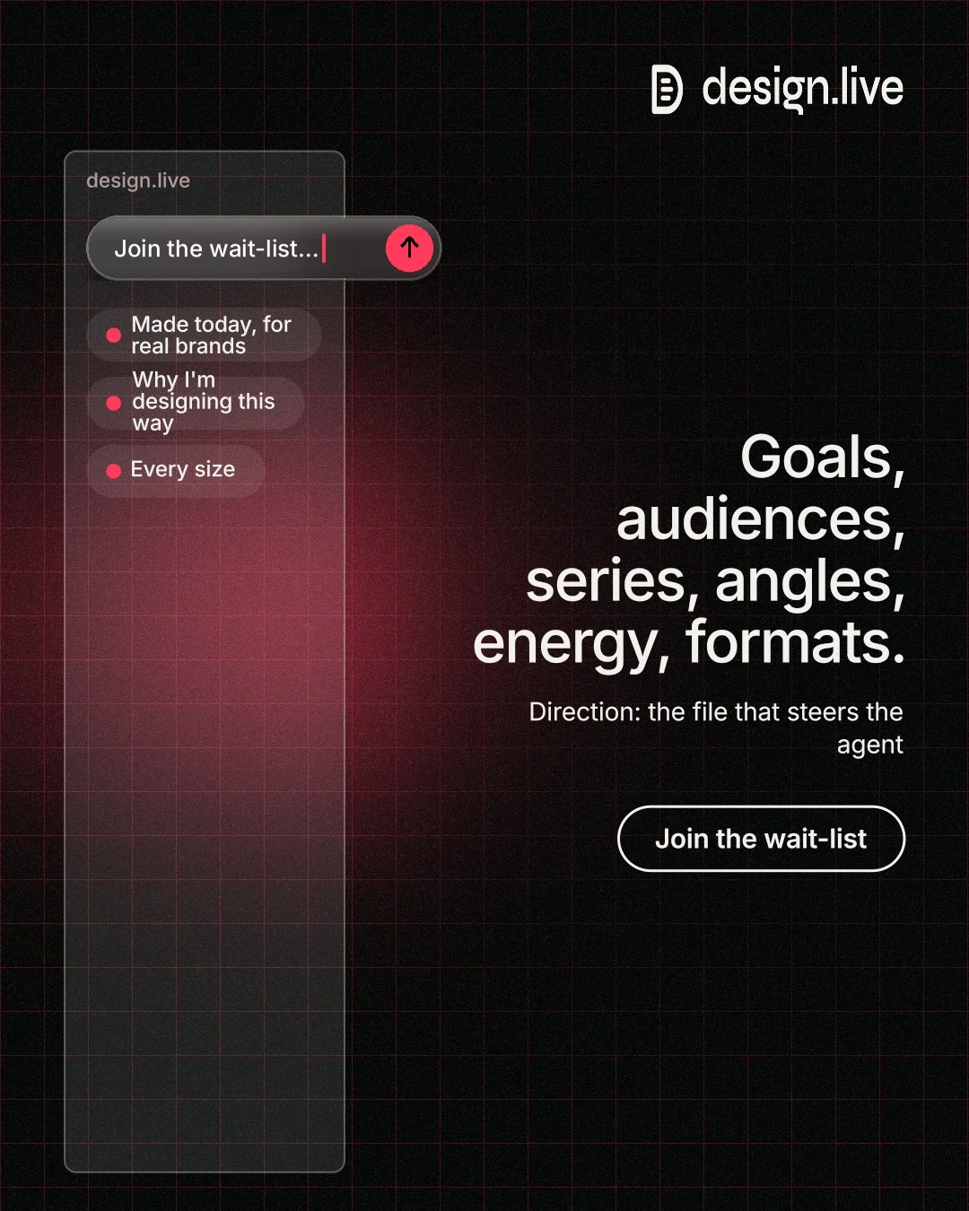 Instagram portrait post for design.live: "Goals, audiences, series, angles, energy, formats." Phosphor atlas style, right layout, dark palette in black, grey.