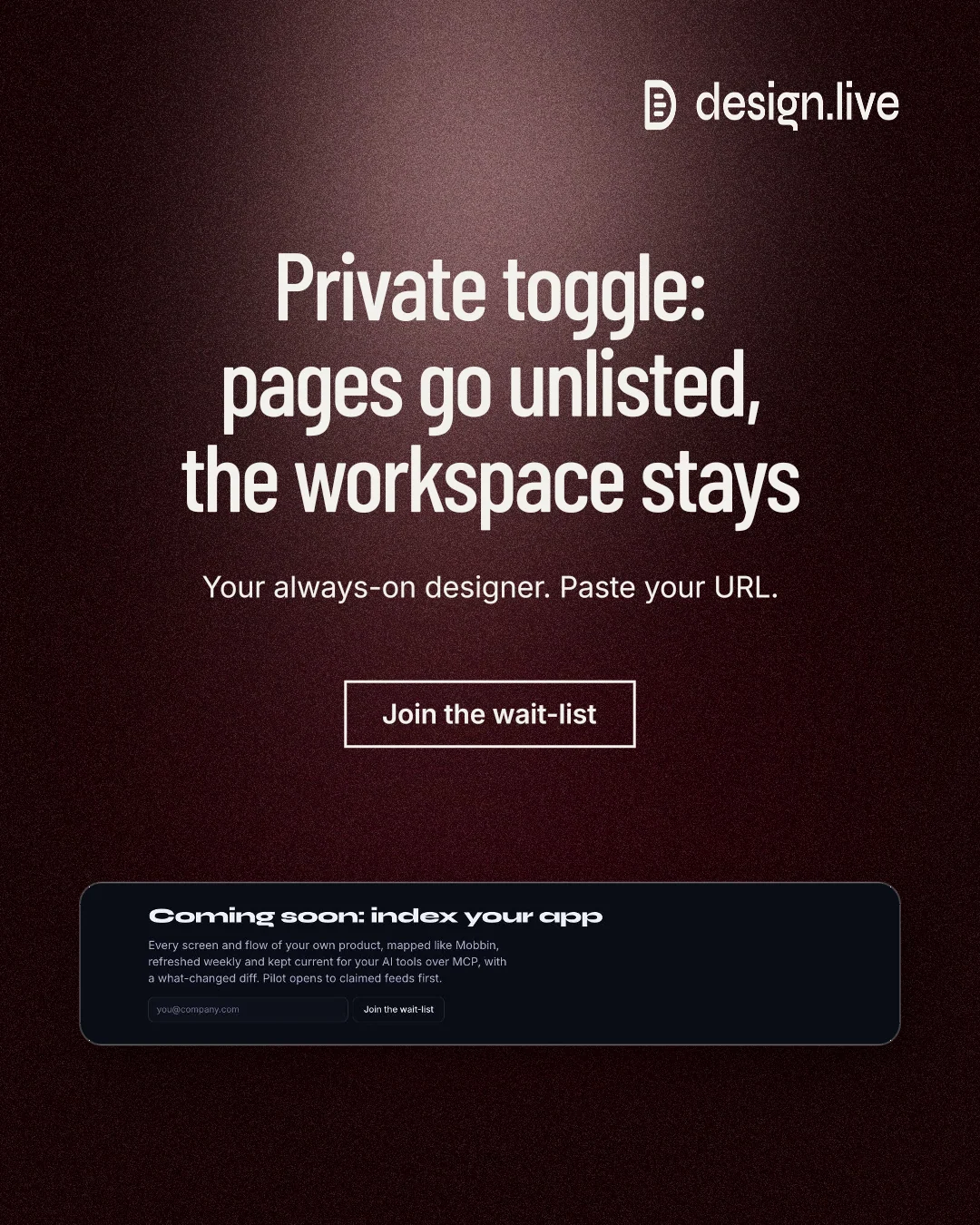 Instagram portrait post for design.live: "Private toggle: pages go unlisted, the workspace stays". Dark deco style, centred layout, dark palette in black, grey.