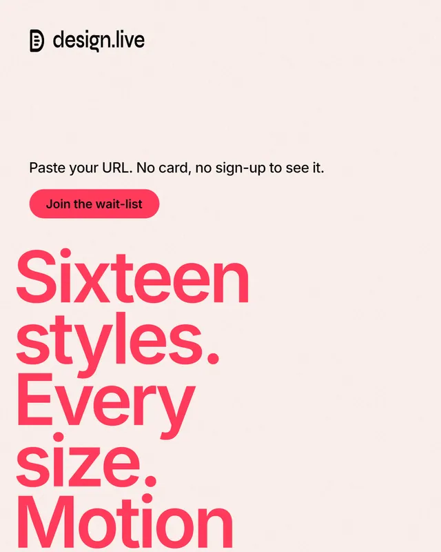 Instagram portrait post for design.live: "Sixteen styles. Every size. Motion." Data card style, oversized layout, light palette in white, red.