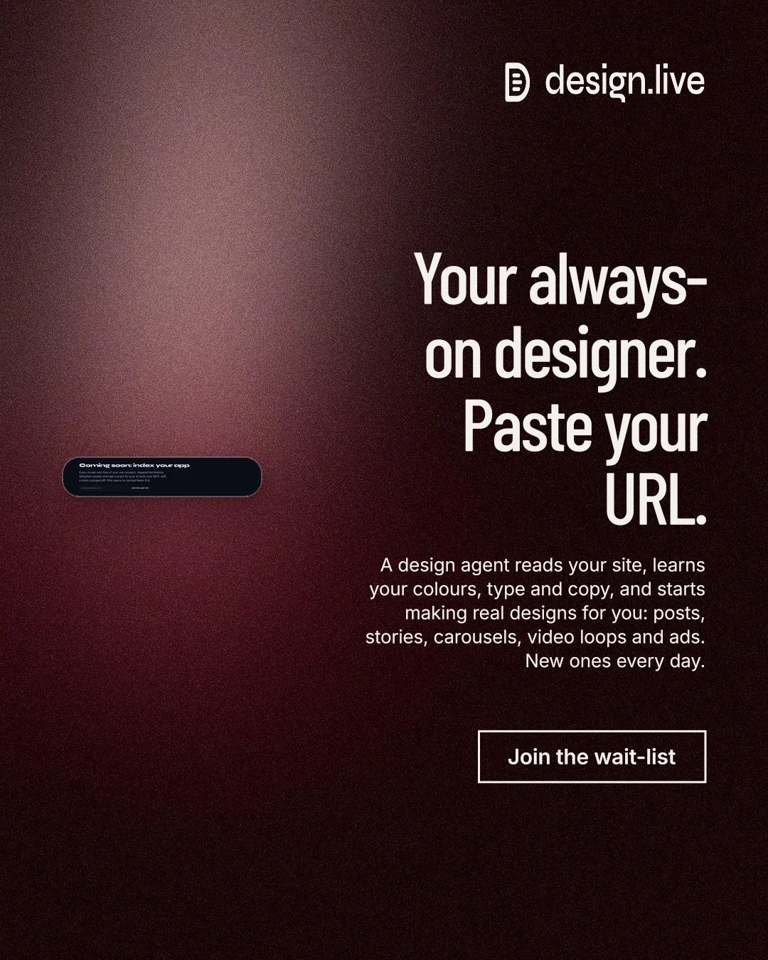 Instagram portrait post for design.live: "Your always-on designer. Paste your URL." Dark deco style, right layout, dark palette in black, red, grey.