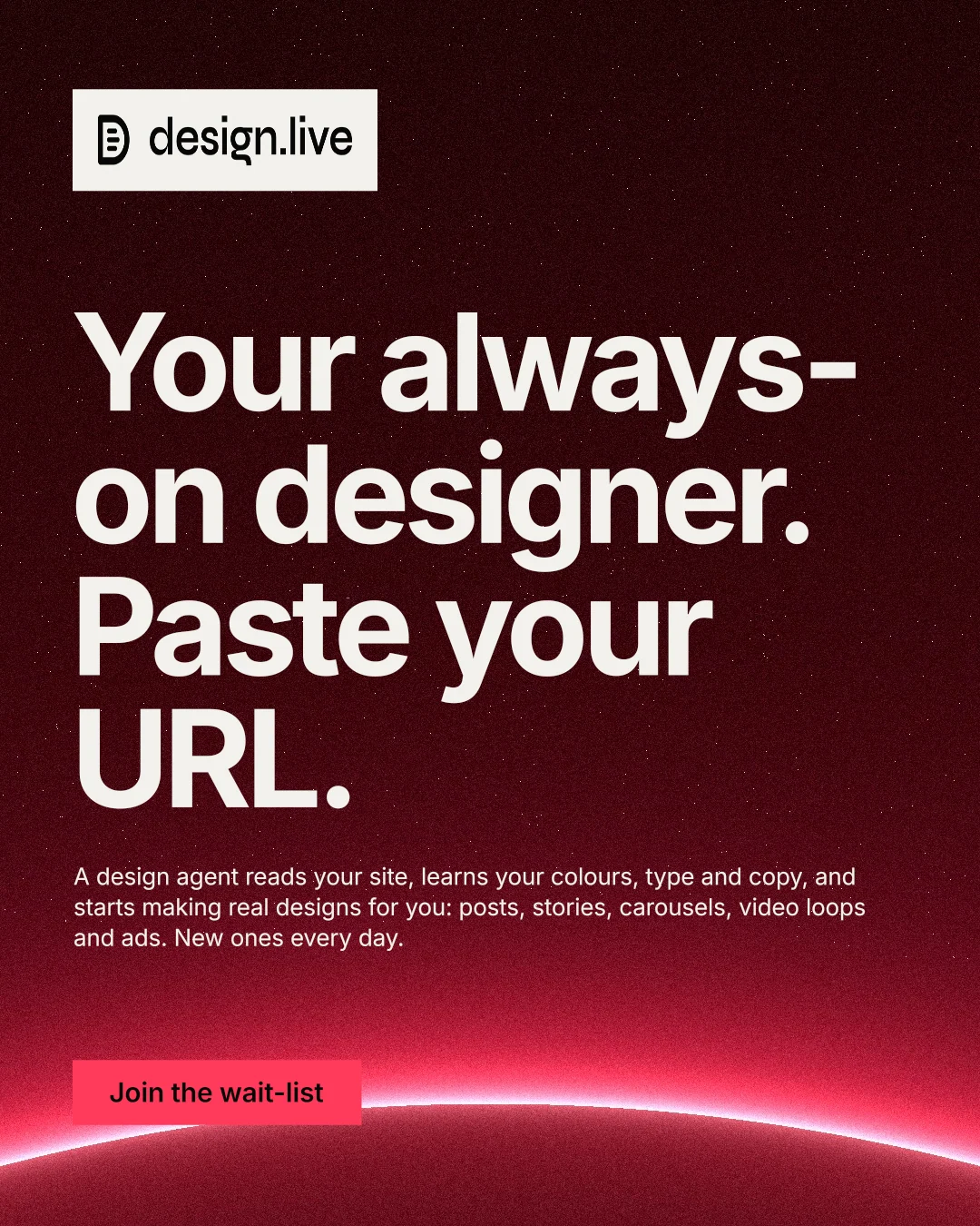 Instagram portrait post for design.live: "Your always-on designer. Paste your URL." Swiss style, announce layout, dark palette in red, black.