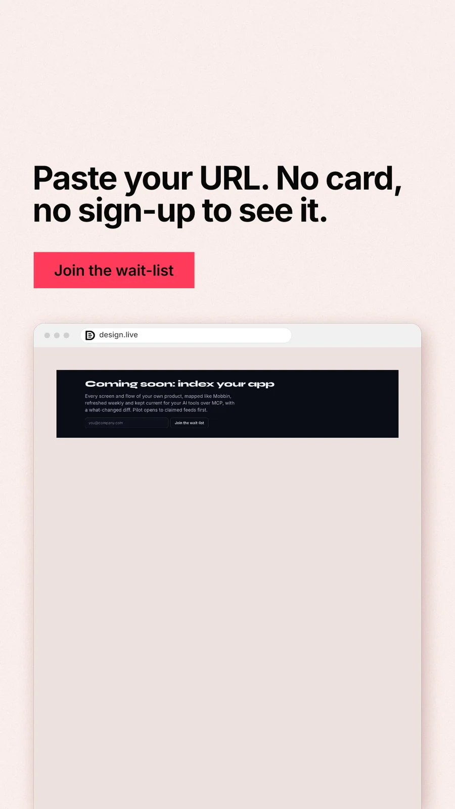 Instagram story for design.live: "Paste your URL. No card, no sign-up to see it." Swiss style, browser layout, light palette in orange, white, grey.