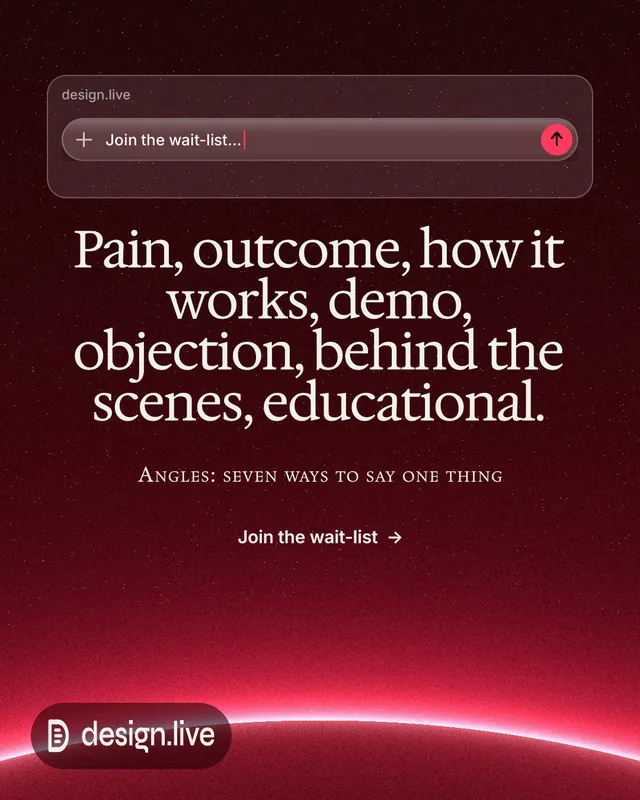 Instagram portrait post for design.live: "Pain, outcome, how it works, demo, objection, behind the scenes, educational." Swiss style, smallcaps layout, dark palette in red, black.