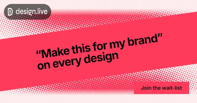 Social ad for design.live: "“Make this for my brand” on every design". Swiss style, diagonal layout, light palette in red, white.