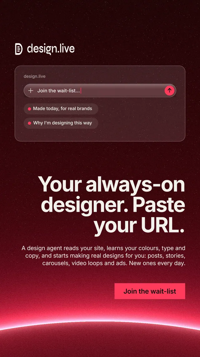 Instagram story for design.live: "Your always-on designer. Paste your URL." Swiss style, right layout, dark palette in red, black.