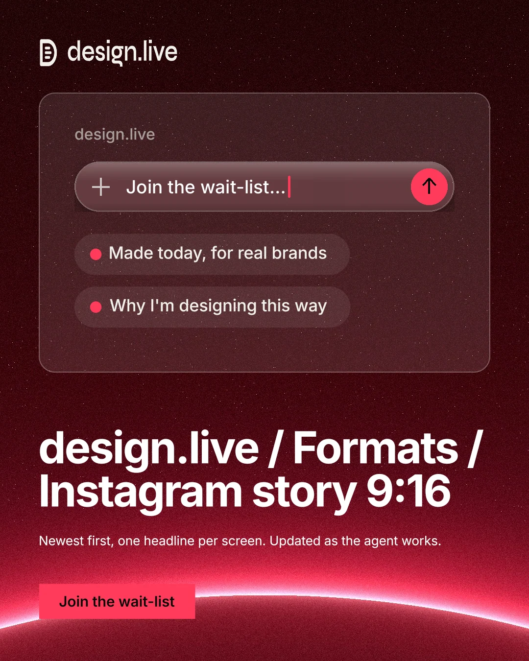 Instagram portrait post for design.live: "design.live / Formats / Instagram story 9:16". Swiss style, bottom layout, dark palette in red, black.