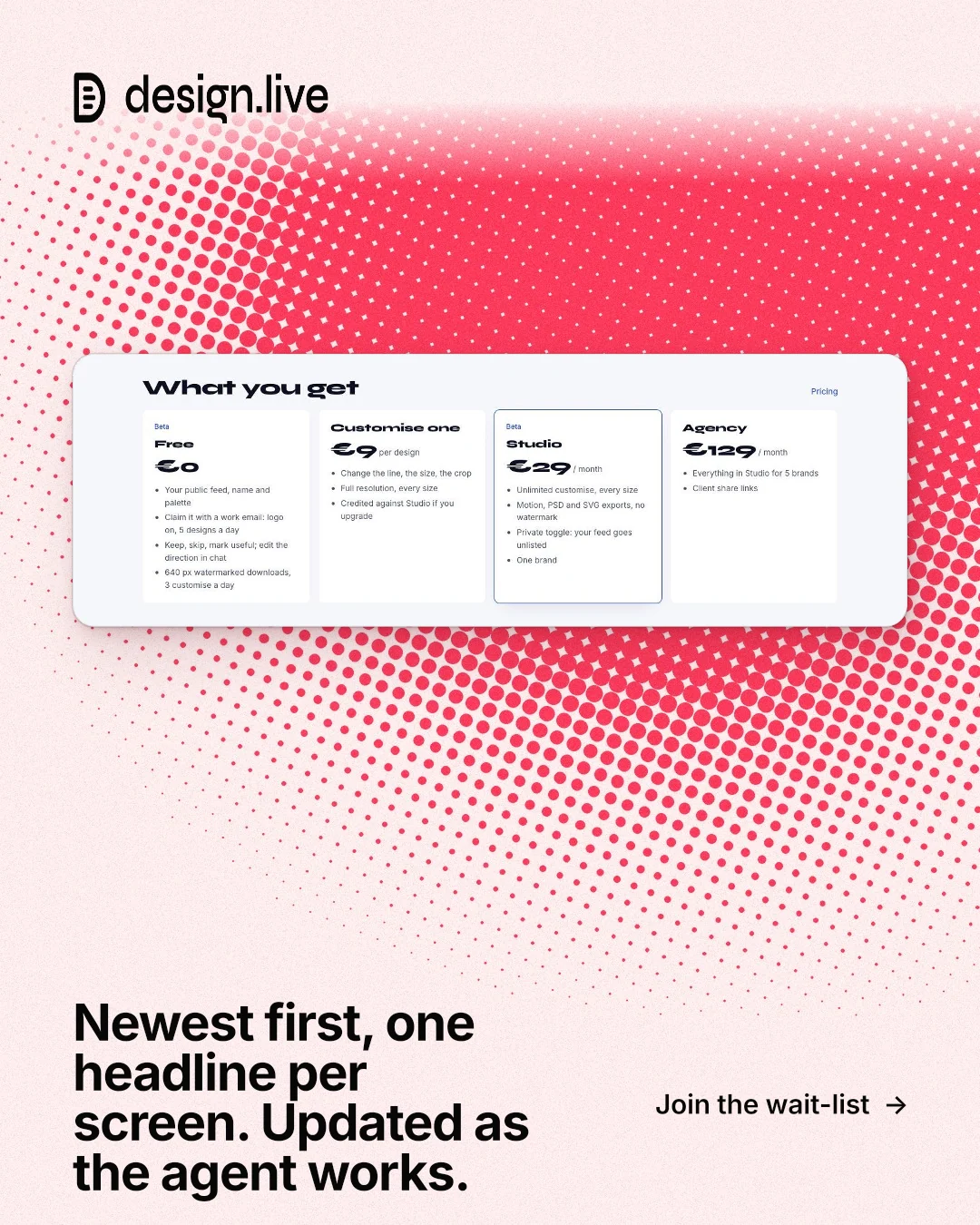Instagram portrait post for design.live: "Newest first, one headline per screen. Updated as the agent works." Swiss style, image led layout, light palette in white, red.