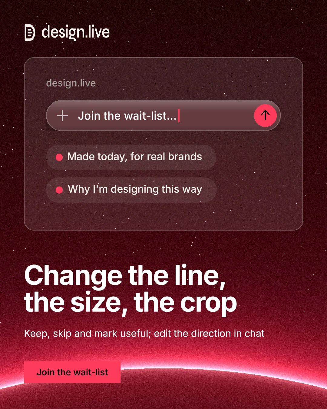 Instagram portrait post for design.live: "Change the line, the size, the crop". Swiss style, bottom layout, dark palette in red, black.