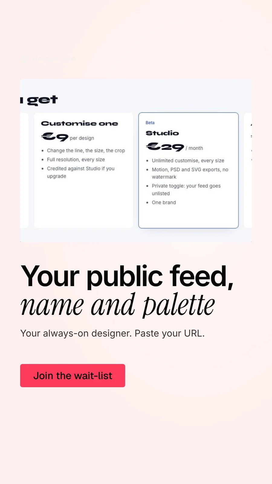 Video for design.live: "Your public feed, name and palette". Doc motion loop, 7.0 s, light palette.