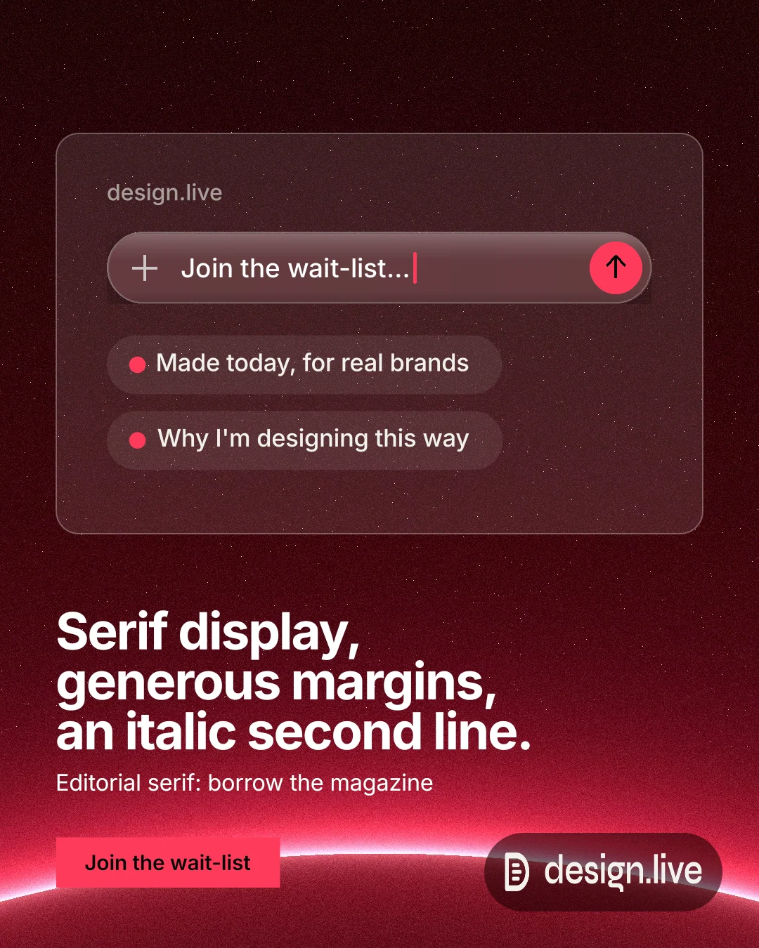 Instagram portrait post for design.live: "Serif display, generous margins, an italic second line." Swiss style, bottom layout, dark palette in red, black.