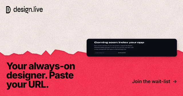 Social ad for design.live: "Your always-on designer. Paste your URL." Paper trio style, image led layout, light palette in red, orange.